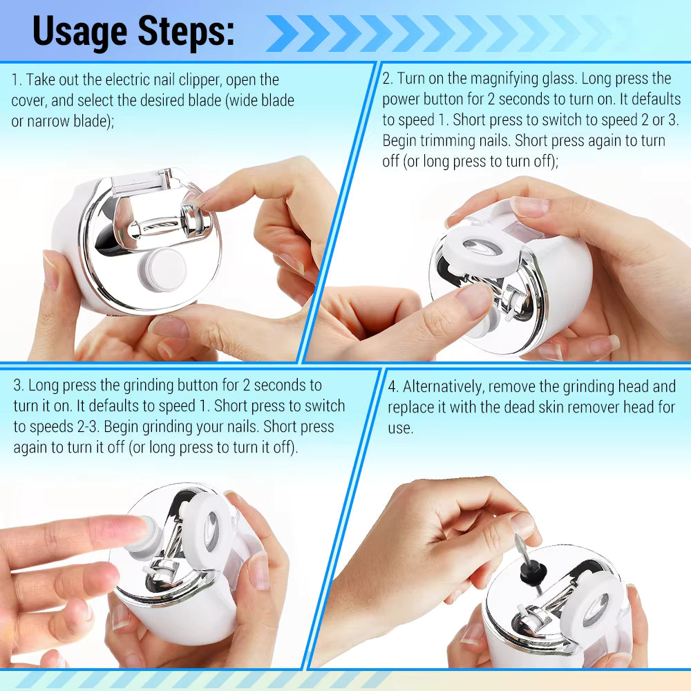 Dual-Blade Electric Nail Clipper with 2.5x Magnifier, LED Light & Callus Polisher